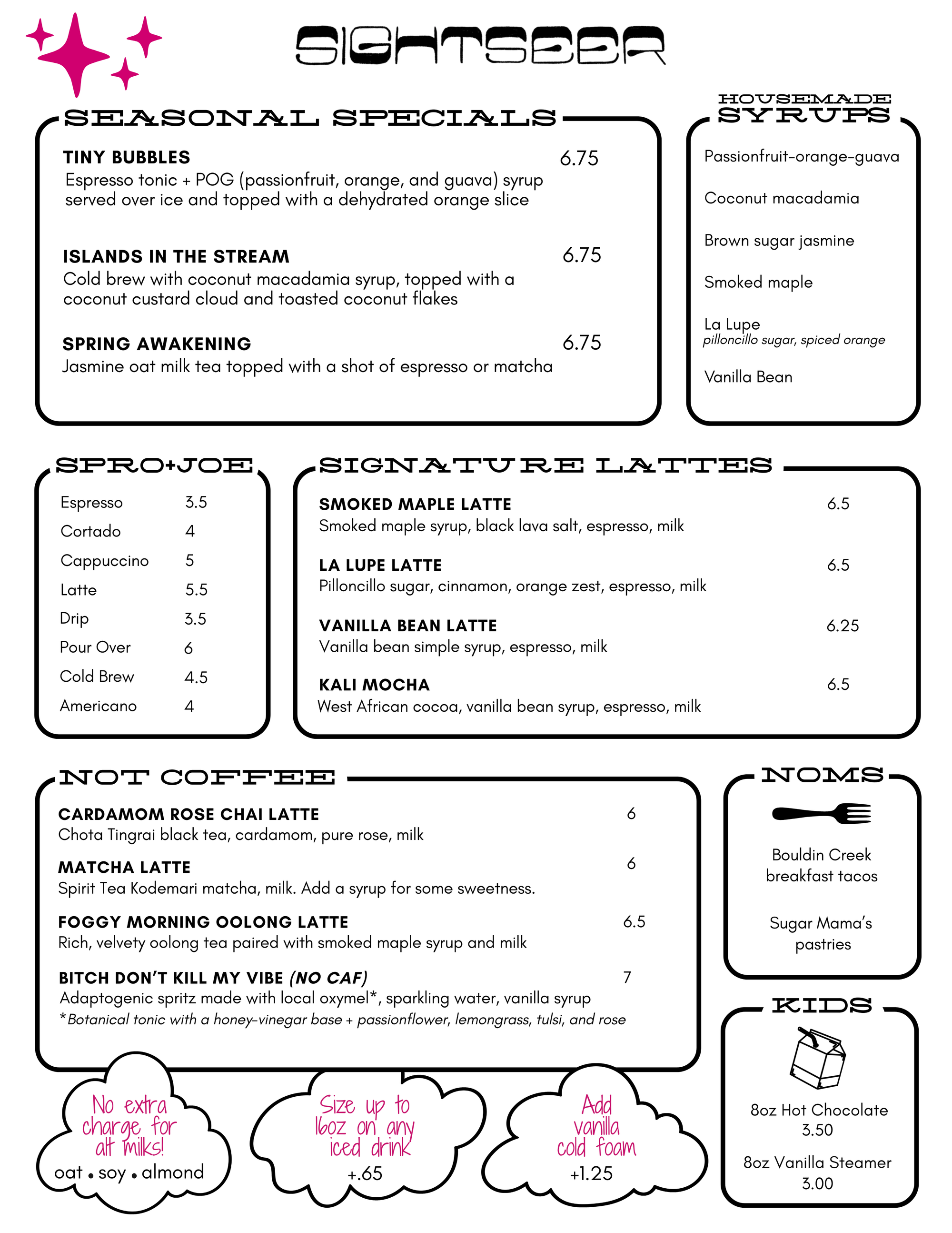 Menu with seasonal specials, signature lattes, and kids' options on a white background.